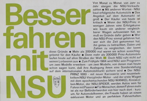 NSU Modelprogram 1964 "Besser fahren mit NSU" Carbrochure  (7290)